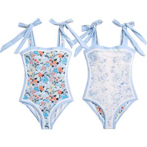 ASHER FASHION Women's One Piece Swimsuit -Bathing Suit for Women Tummy Control Reversible Bustier Floral Print Monokinis (Blue) Small