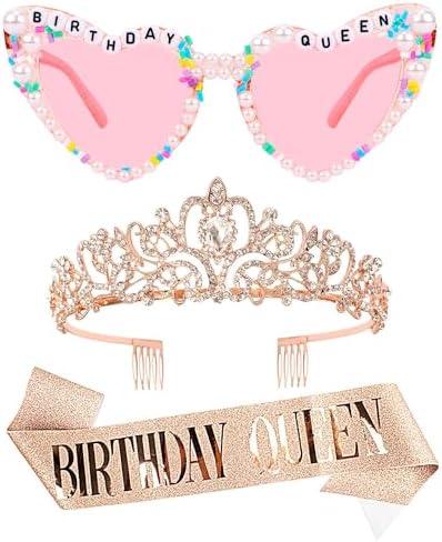 VELSCRUN Rose Gold Birthday Queen Glasses, Birthday Queen Sash Tiara Crown for Women Girls, 3 Pcs Elegant Princess Crowns Hair Accessories Happy Birth Party Decorations Mom 30th 40th 50th Birth Gifts