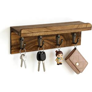 Gulex Key Holder Wall Mount, Rustic Wood Key Holder for Wall with 4 Hooks for Key Hanger to Organize Keys and Mail, Room Decor Key Hanger(Wood Color)