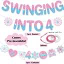 Spider 4th Birthday Decorations Banner - Pre-strung Swinging into 4 Garland with Spider Web and Stars, Pink Blue Ready-to-Hang Party Supplies for Kids Girls 4 Year Old Birthday