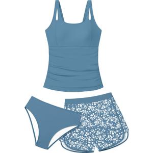 Girls Tankini Swimsuit 3 Piece Bathing Suits for Girl Square Collar Tankinis Set Girls' Swimwear with Print Shorts Gray Blue, 15-16 Years