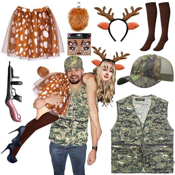 Halloween Deer and Hunter Costume Adult Couple Cosplay Antlers Headband Brown Skirt with Deer Face Sticker and Tail Socks Front Hooves Gloves Hunter Hat Vest for Couple Halloween Cosplay