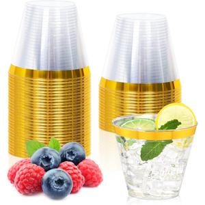 30 Pcs Gold Plastic Cups,9Oz Gold Rimmed Plastic Cups,Heavy Duty Gold Rim Clear Disposable Plasitc Cocktail Tumblers Wine Cup for Party,Wedding,Birthday,Christmas