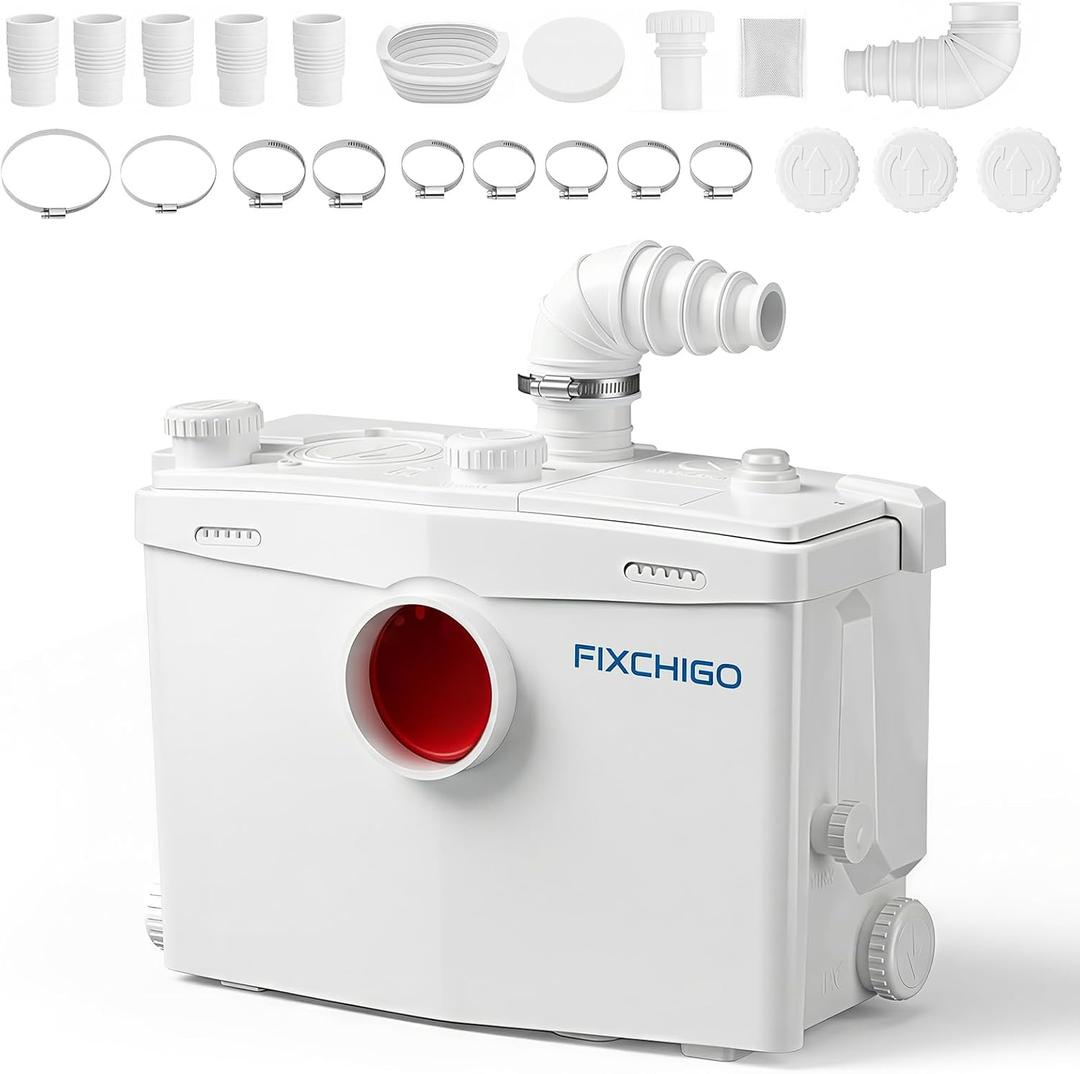 1000W Macerator Pump, Macerating Toilet System with 4 Inlets/2 Outlets, 40 GPM Flow, 29.5 FT Head, PCB Smart Control Sewage Pump for Basement, Sink, Toilet, Laundry, Kitchen