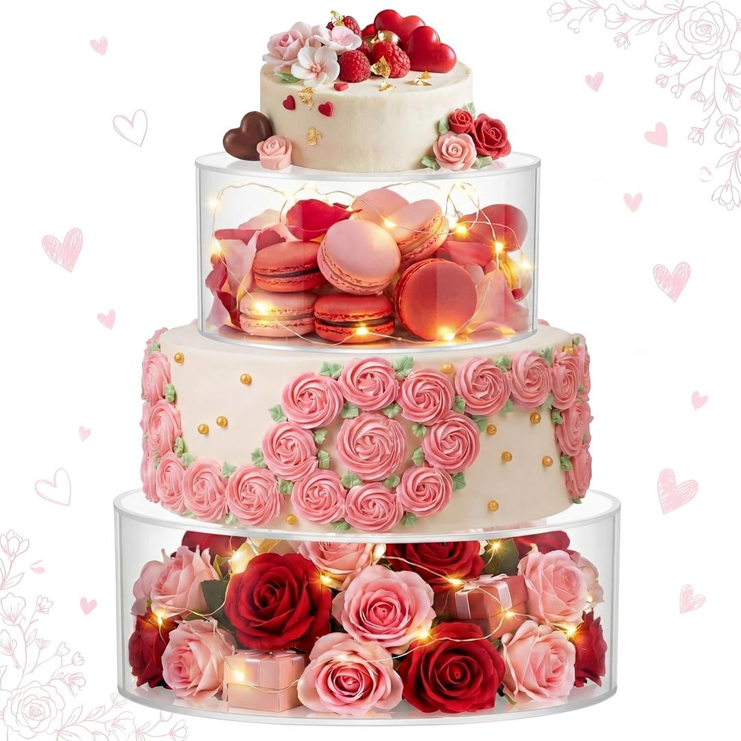 Sunnyray 2 Pcs Cake Stands for Dessert Table Acrylic Cylinder Wedding Cake Stand Clear Fillable Cake Riser Decorative Cupcake Cake Tier with LED Strings for Wedding Birthday Party Display (6'', 8'')