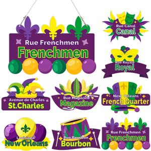 Mardi Gras Decorations, 8 Set New Orleans Street Signs with 8 Metal Chains, Double Printed Mardi Gras Signs Hanging Ornaments for Carnival Party Wall Table Tree Yard Decor Supplies, 11.8 x 7.9 inches