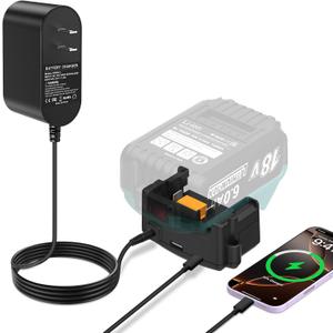 DC18RC Charger for Makita 18V Battery Charger, 2-in-1 DC Charging Adapter with USB & Type-C Port, Power Source for Phone, Compatible with Makita 18V 21V Lithium-ion Battery BL1850 BL1830 BL1815