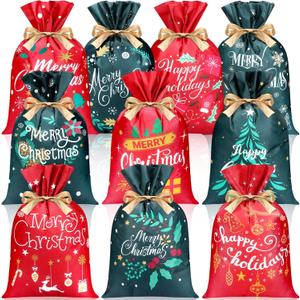Wesnoy 10 Pcs Christmas Drawstring Gift Bags Bulk Reusable Fabric Gift Bags 12" x 18" Large Cloth Sacks Non Woven Christmas Gifts Wrapping Bag with Drawstring for Holiday Party Favors