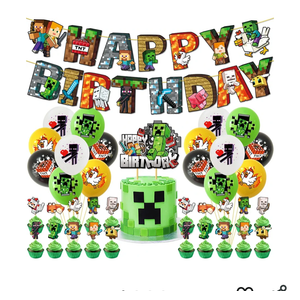 Pixel Game Birthday Party Decoration Supplies with Happy Birthday Banner, Backdrop, Latex Balloons,Cake & Cupcake Toppers for Miner Pixel Gamer birthday Decor
