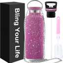 Bling Water Bottle Rhinestone,Diamond Water Bottle,glitter Cup pink,bling gifts for women,Bling Tumblers with 2 Style lids and 55in Chain (Pink)