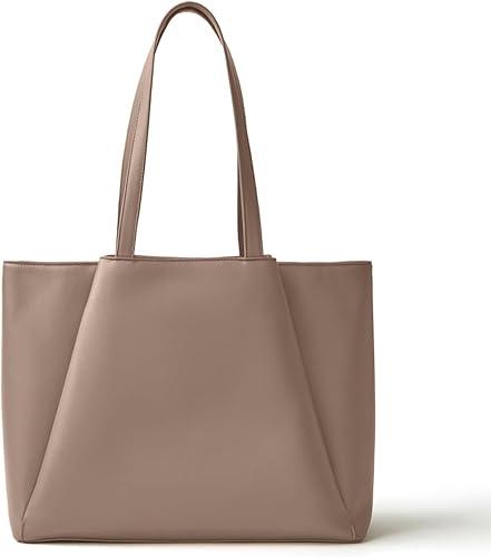 Work Tote Bags for Women 15.6 Inch - Laptop Tote Bag with Zip Compartments - Large PU Leather Office Purse Computer Briefcase (Nude)
