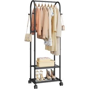Sakugi Heavy Duty Premium Clothes Rack with 2-Tier Mesh Shoe Shelves & 4 Hooks, Lockable Wheels, Space-Saving, Multi-Functional for Bedroom, Entryway, Closet, Modern Design, 18.4" x 12.6" x 72", Black