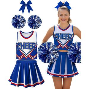JenPen Women's Cheerleader Costume Halloween High School Cheerleading Outfit Musical Cheer Uniform Hair Bow Pom Pom (Medium, Blue)