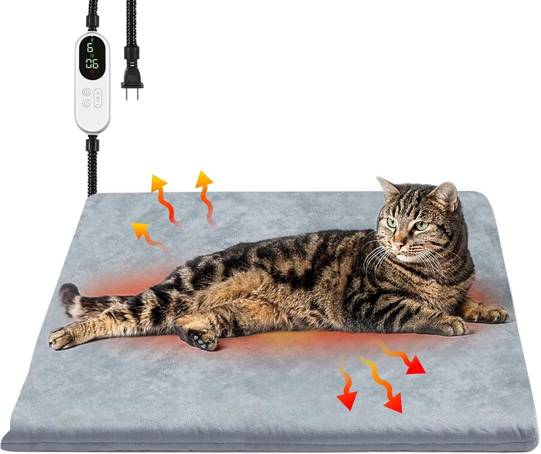 Pet Heating Pad, 9 Adjustable Temperature Cat Heating Pad with Timer, 17.7"x17.7" Waterproof Heated Warming Dog Blanket Bed Mat for Cats Dogs Kitten Puppy Small Animal Indoor with Chew Resistant Cord (Gray)