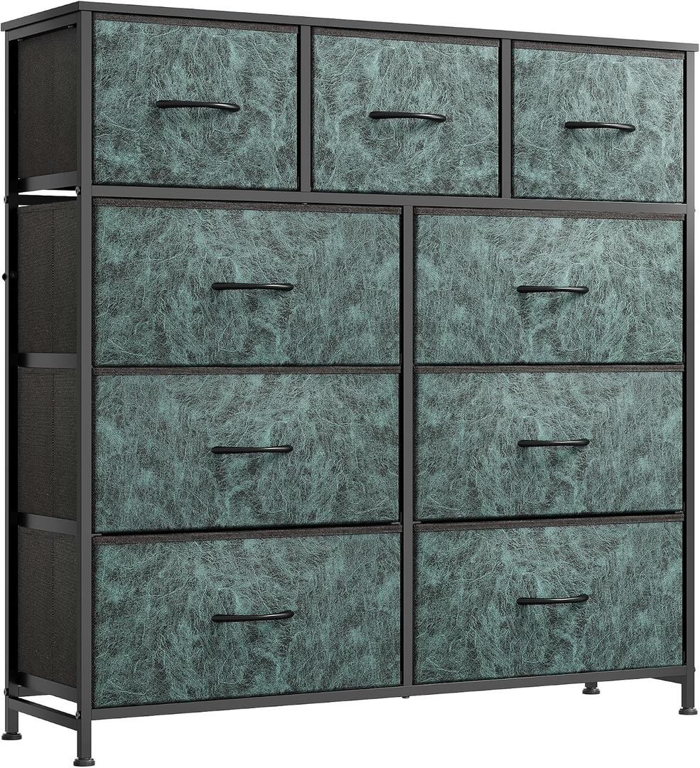 WLIVE 9 Drawer Dresser, Fabric Storage Tower for Bedroom, Hallway, Closet, Tall Chest Organizer Unit for Bedroom with Fabric Bins, Steel Frame, Wood Top, Easy Pull Handle, Vintage Green