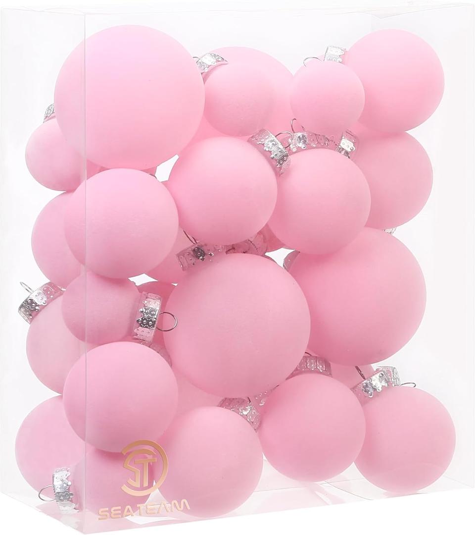 Sea Team 32-Pack Flocked Velvet Christmas Tree Ball Ornaments Set, Decorative Hanging Baubles, Shatterproof Plastic Decorations for Xmas Tree, Wreath, Garland, Multi-Sized, Pink