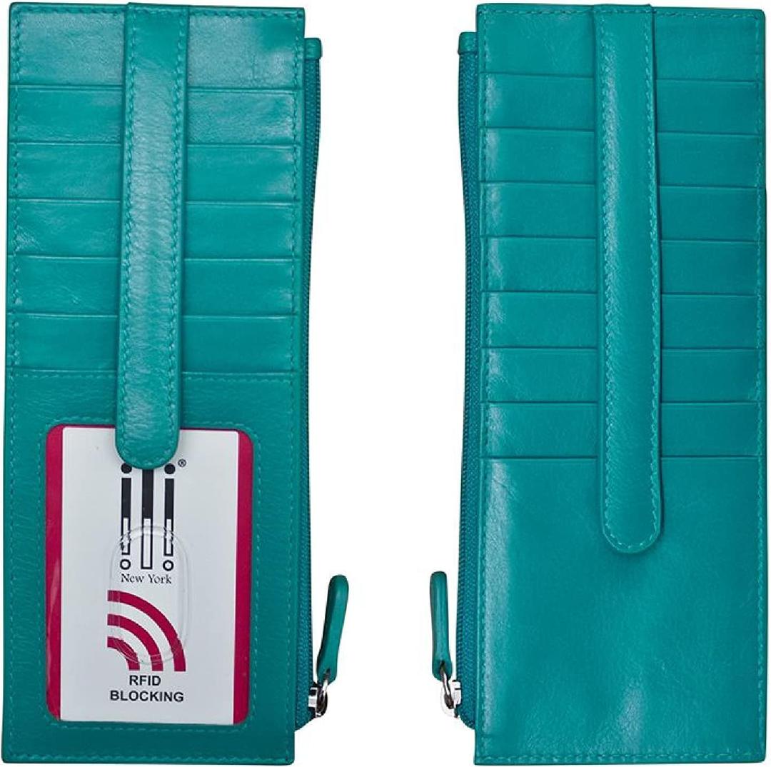 ili New York Long Double Sided Slim Wallet, RFID Blocking Card Holder with ID Window and Side Zip Pocket for Men and Women, Aqua