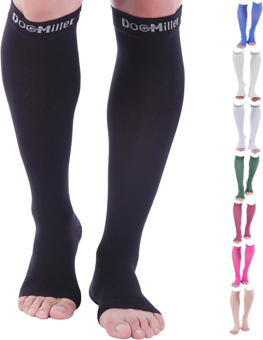 Doc Miller Open Toe Compression Socks, 30-40 mmHg, Toeless, Support Circulation, Shin Splints, Calf Recovery, Varicose Veins, Knee High, Medical Grade, Black Socks, 2X-Large Size for Men & Women, Pair