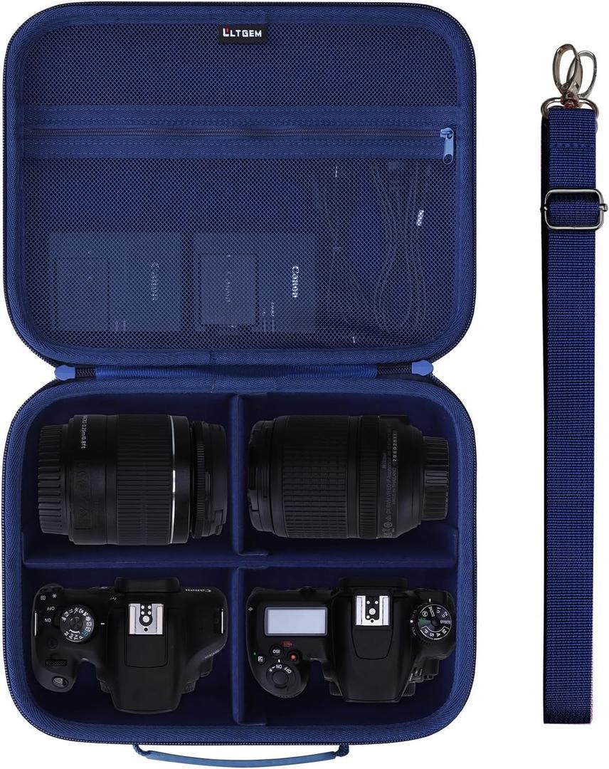 L LTGEM Medium Camera Case Compatible with Canon/Sony/Nikon DSLR Mirrorless Camera and Multiple Lens, Hard Travel Carrying Case with 3 Dividers and Shoulder Strap, Navy Blue