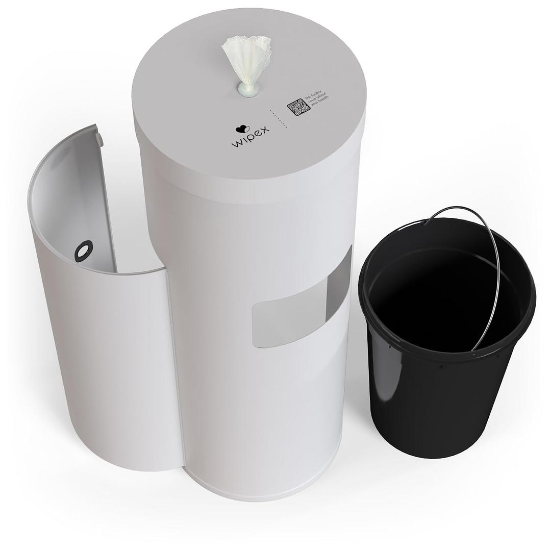 Wipex White Wet Wipe Dispenser with Trash Bin: Durable Steel & Premium Silicone Port, Floor Stand for Gym Wipes - Fits Sanitizing Refill Rolls, Perfect for Schools, Fitness, & Public Facilities