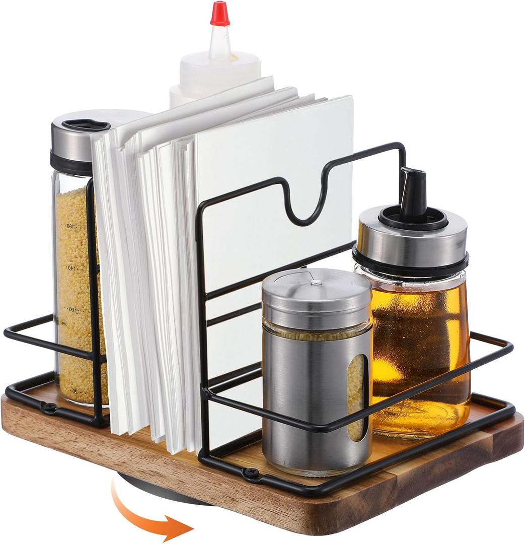 Napkin Holders for Kitchen Table, Rotating Wood Vertical Napkin Dispenser That Can Hold Salt and Pepper, Rustic Napkins Holder for Kitchen Dining Table Decor Brow Acacia