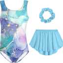 Idgreatim Girls Gymnastic Leotard Ballet Dance Dress Outfit with Removable Skirt Hair Scrunchie Combo 4-11 Years (Blue Print)