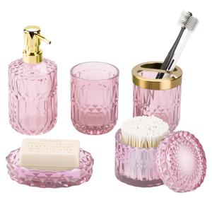 Pink Bathroom Accessories Set, 5Pack Clear Glass Bathroom Accessories, Includes Lotion Soap Dispenser, Toothbrush Holder, Qtip Holder and Soap Dish, Vintage Bathroom Decor