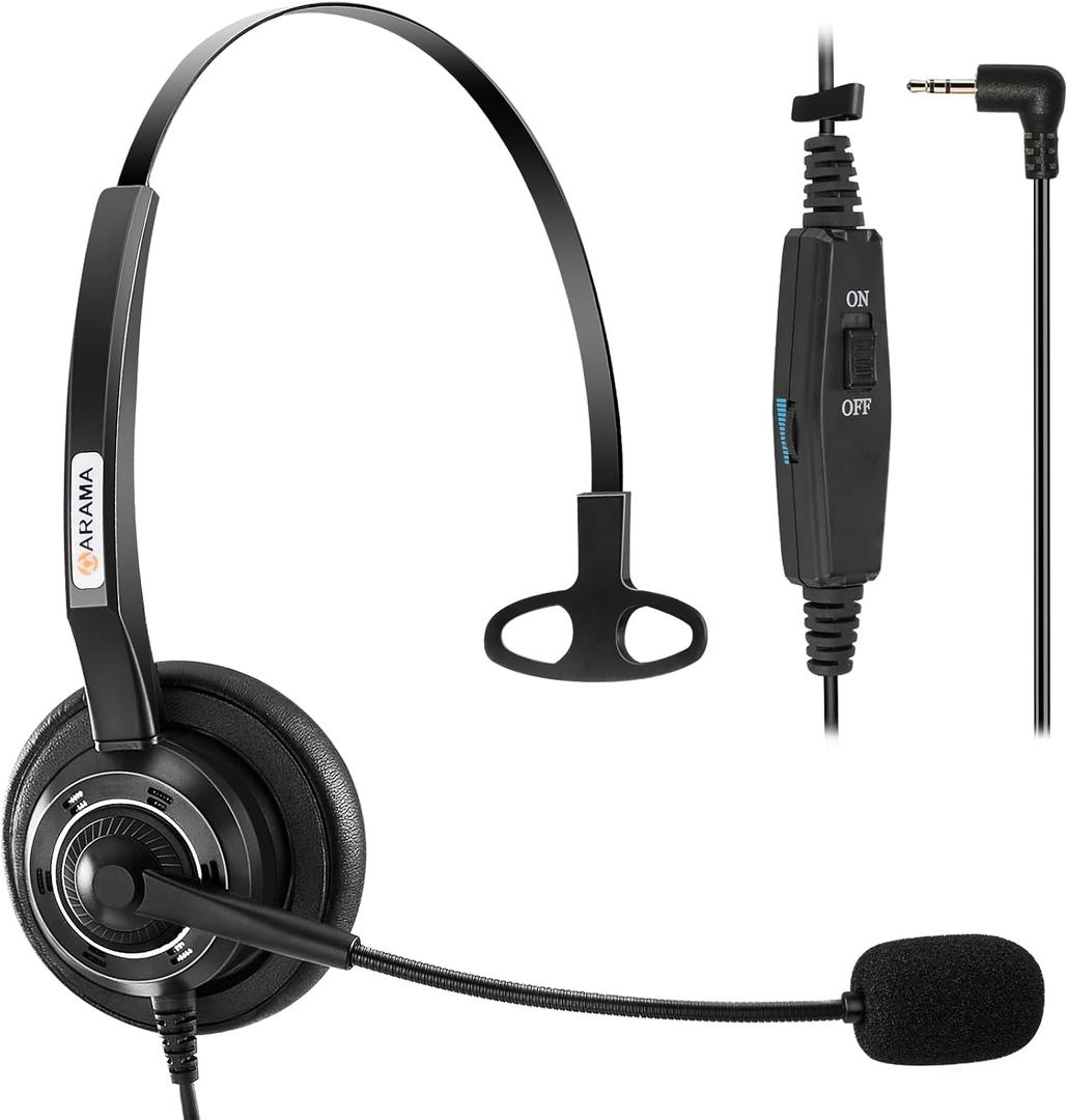 Phone Headset 2.5mm with Microphone Noise Canceling Mute Switch, Telephone Headset for Landline Cordless Phones Compatible with Panasonic VTech AT&T RCA Uniden Cisco Grandstream Polycom Office Phones