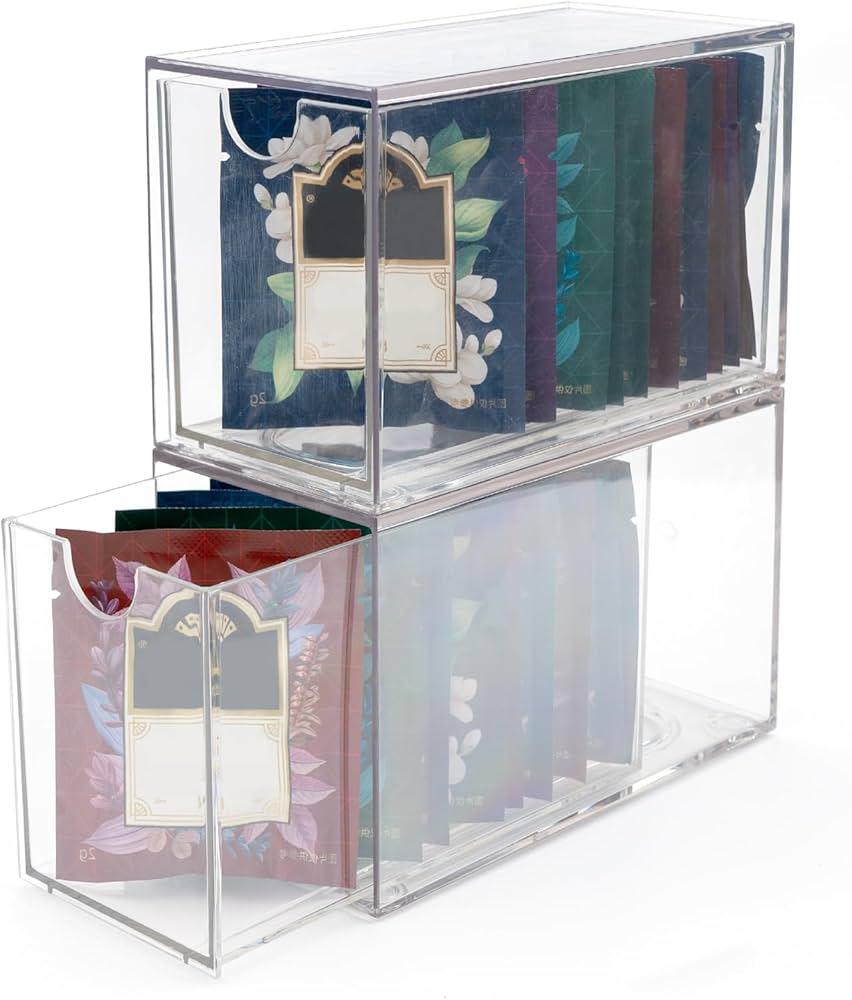 2 Pack Tea Bag Drawers Organizer  Clear Plastic Drawer Tea Bag Holder; Stackable & Portable, Wider Size, WellOrganized Storage for Tea Bags & Kitchen Essentials