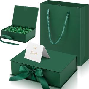 Zonon Green Luxury Gift Box with Lid and Ribbon 9 x 7 x 3'' Senses Gift Bag with Greeting Card Tissue Paper for Valentine's Day Decoration Wedding Birthday Party Favor Present Supplies