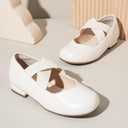 PANDANINJIA Girls Dress Shoes Ballet Flats Mary Jane Elastic Cross Strap Little Big Kid Low Heels Flower Girl Shoes (Ivory)