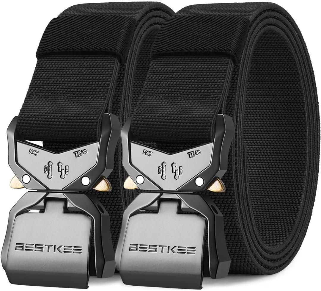 Tactical Belt for Men 2-Pack, Military Style Stretch Nylon Work Hiking Belts, 1.5" Elastic Web Quick-Release Belt (Black, M)