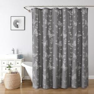 Onalasyc Butterfly Shower Curtain, Lace Butterfly Shower Curtains for Bathroom, Grey Sheer Shower Curtain, Vintage Aesthetic Decor Bathroom Waterproof Shower Cutain, 12 Pcs Plastic Hooks, 72 x 72 in