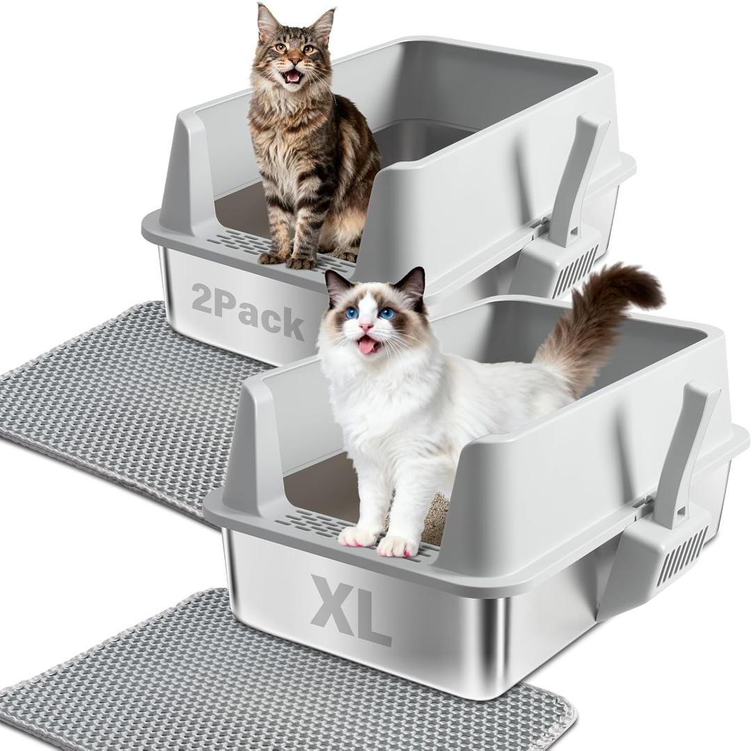 2PACK Stainless Steel Litter Box, XL Cat Litter Box with Lid for Big Cat, Extra Large Metal Litter Boxes with High Side, Non-Stick, Odor-Resistant, Anti-Urine Leakage, Includes Mat & Scoop