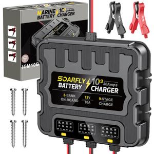 3 Bank Marine Battery Charger, 12V 30A (10A/Bank) Smart Waterproof Onboard Boat Battery Charger, Battery Maintainer & Desulfator for SLA/AGM/Lithium (LiFePO4), Calcium and Deep-Cycle Batteries