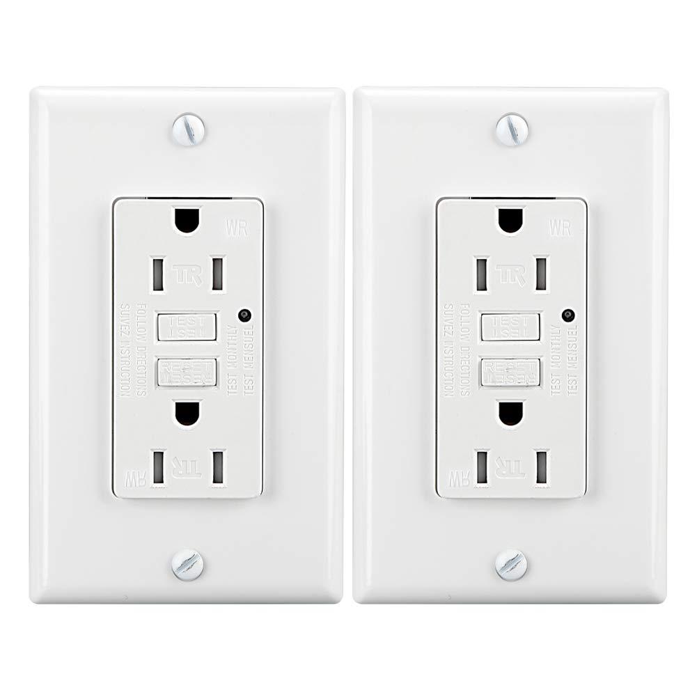LEOD 15Amp 125 Volt TR&WR/Tamper Resistant & Weather Resistant GFCI Outlet, One GFCI Socket with 2 Types Wall Plates+Blue LED Indicator, White, ETL Listed (2 Pack)