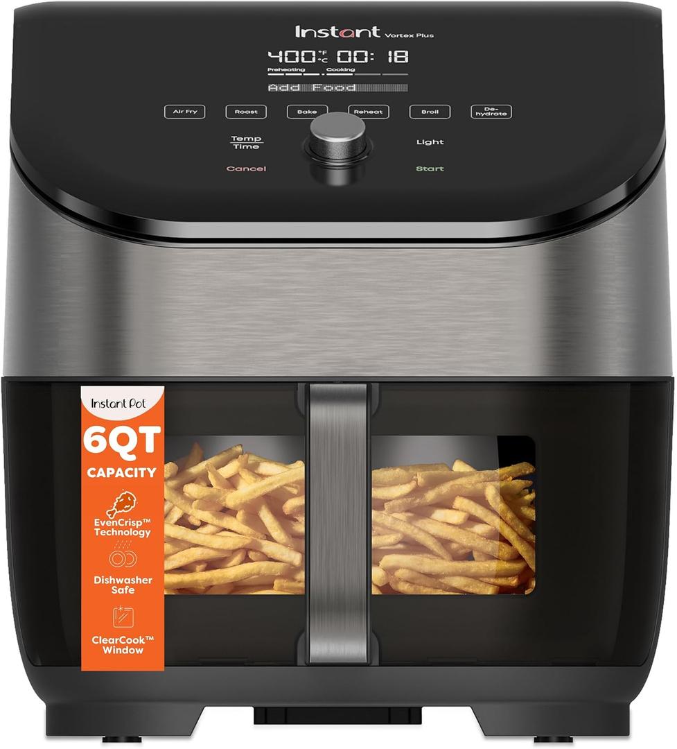 Instant Pot Vortex Plus 6QT Air Fryer with Odor Erase Technology,6-in-1 Functions that Crisps,Roasts, Broils,Dehydrates, Bakes & Reheats, 100+In-App Recipes, from the Makers of Instant Pot,1700W,Black
