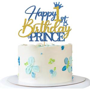 Prince 1st Birthday Cake Topper - Happy Birthday Cake Supplies for Boy - Baby One Year Old Party Decorations - Blue & Gold Glitter