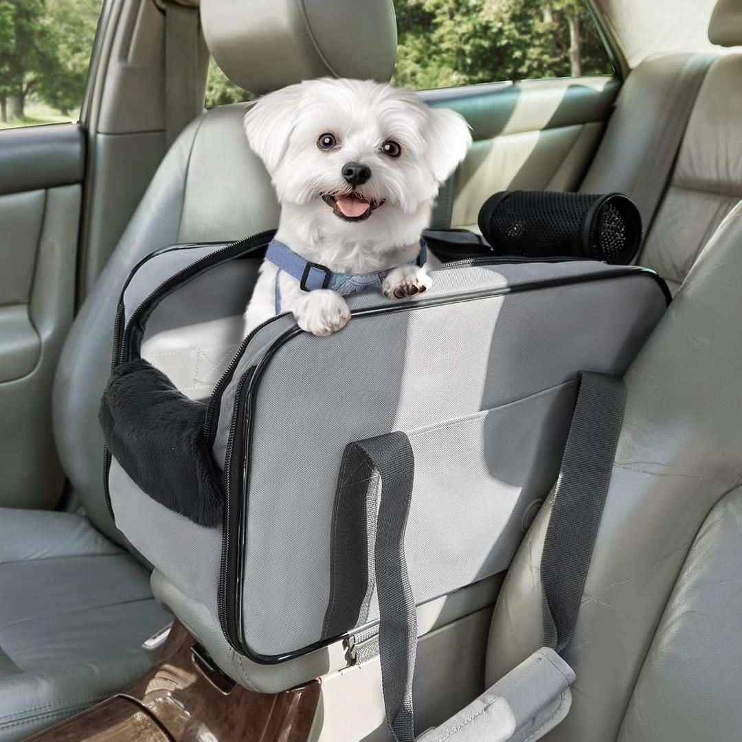PETSFIT Multipurpose Console Dog Car Seat, Portable Small Dog Car Seat for Dogs, Cat Carrier, Pet Carrier Airline Approved with Safety Tether and Pockets, Sizing 16.9" x 9" x 9.5" Ideal For Small Dogs Up To 9 Pounds, Light Grey
