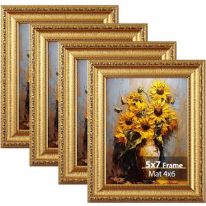 Splinterix 5x7 Gold Picture Frame Set of 4, Vintage 5 x 7 Photo Frames with Real Glass, Ornate Antique Golden Frame for Wall or Tabletop, Display 4x6 Print with Mat or 5x7 without Mat, 4 Pack