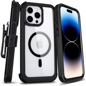 Defender for Clear iPhone 14 Pro Max Case with Belt Clip Holster, Compatible with MagSafe, Anti-Yellowing, Full-Body Phone Cover for iPhone 14 Pro Max Case (Clear & Black)