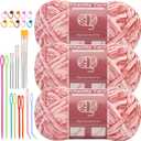 LUNARM Chenille Yarn for Crocheting Knitting, 3 Skein 263 Yard Thick Soft Chunky Fluffy Weaving Plush Yarn for Blankets Clothes Pattern Creations with Big Eye Needles (Peach Pink) (Solid Color)