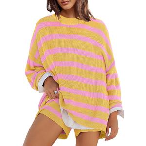 Panadila Womens Striped Sweater Set Oversized Lounge Sets Matching Pajamas Long Sleeve Sweater Top and Shorts (Small, Yellow Pink)