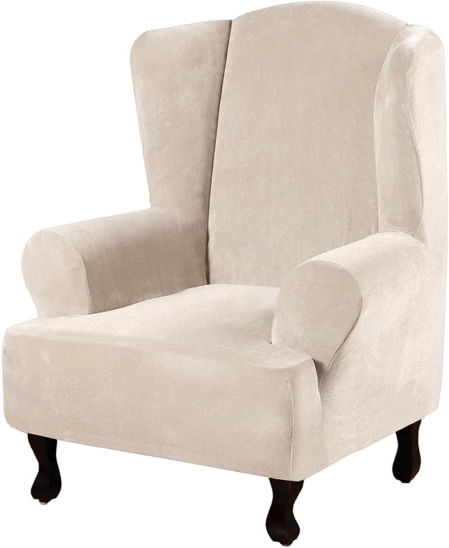 H.VERSAILTEX Wingback Chair Covers Velvet Plush Wing Chair Slipcover 1 Piece High Stretch Wing Back Chair Slipcovers Sofa Cover Furniture Cover with Elastic Bottom, Cream
