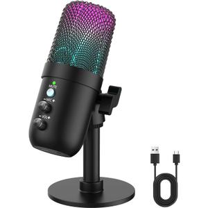 USB Microphone, Computer Condenser Mic with Noise Cancellation, Echo Mode, RGB Lighting, Mute Button, Plug & Play Gaming Mic for PC, Mac, PS5, Streaming, Recording, Podcasting & Online Meetings (Black)
