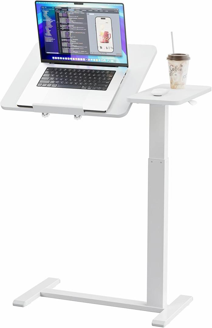 Ywin Medical Adjustable Tilt Overbed Bedside Table with Wheels, Swivel Portable Tray Table(27.6" W x 15.8" D), Small Standing Desk for Bedroom, Hospital, Couch, Office Use,White