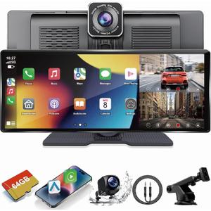 10.26" Apple Carplay Screen for Car, Portable Wireless Apple Carplay & Android Auto with 4K Dash Cam and 1080p Backup Camera, Car Audio Receivers GPS Navigation, Voice Control,Bluetooth,Mirror Link,FM