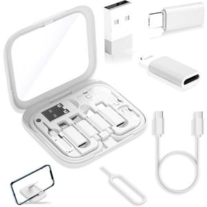 USB-C Travel Adapter Kit for iPhone, Pixel & Galaxy: USB-A to C, Micro-USB to C, Type-C to Lightning, Short USB-C Cable, OTG, Mirror Case (White)