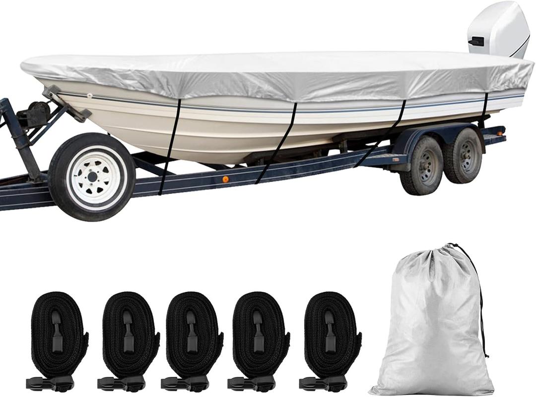 SPORTYOUTH Boat Cover, Trailerable Boat Cover 12' - 14' Waterproof Oxford Fabric 210D Anti-UV Dustproof Fit Classic Boat Open Boat Deep V-Hull Fishing Boats Small Utility Boat and More