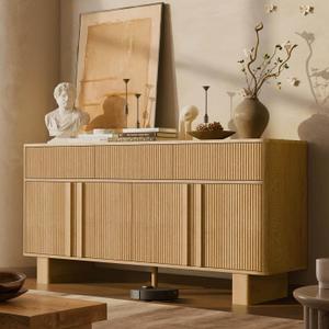 63" Wide Sideboard Buffet Cabinet with Storage, Modern Buffet with 3 Drawers and 4 Doors, Storage Cabinet with 2 Reinforced Legs for Kitchen, Living Room, Light Oak
